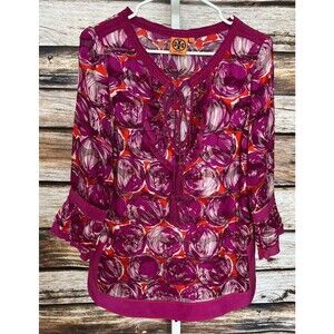 Tory Burch Silk Blend Tunic Top Blouse Sz 2 Tassel Tie Pink